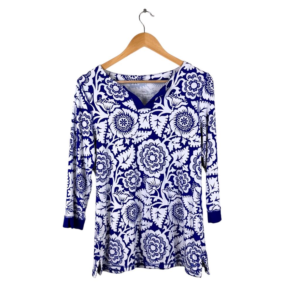 T By Talbots Womens Blue White Tunic UPF Size Medium Floral Summer Beach Vaca